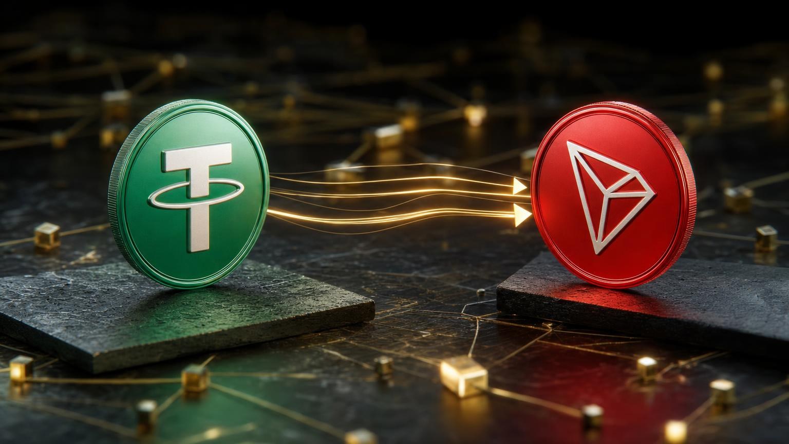 USDT-to-TRX exchange route showing network selection, TRON address verification, fee review, and transaction confirmation